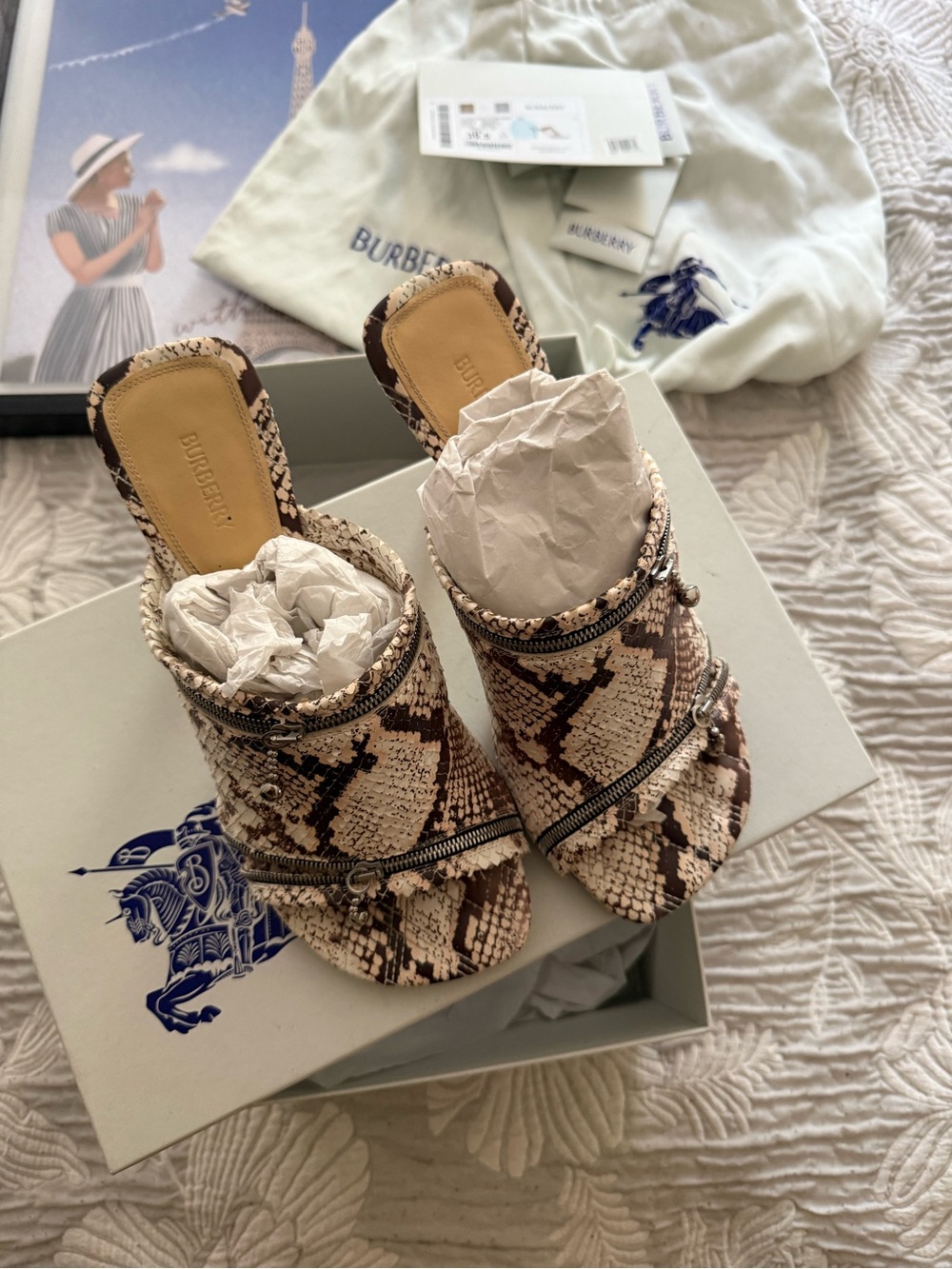 Burberry Brown and Beige Snake-Print Mule Slides with Zipper Detail